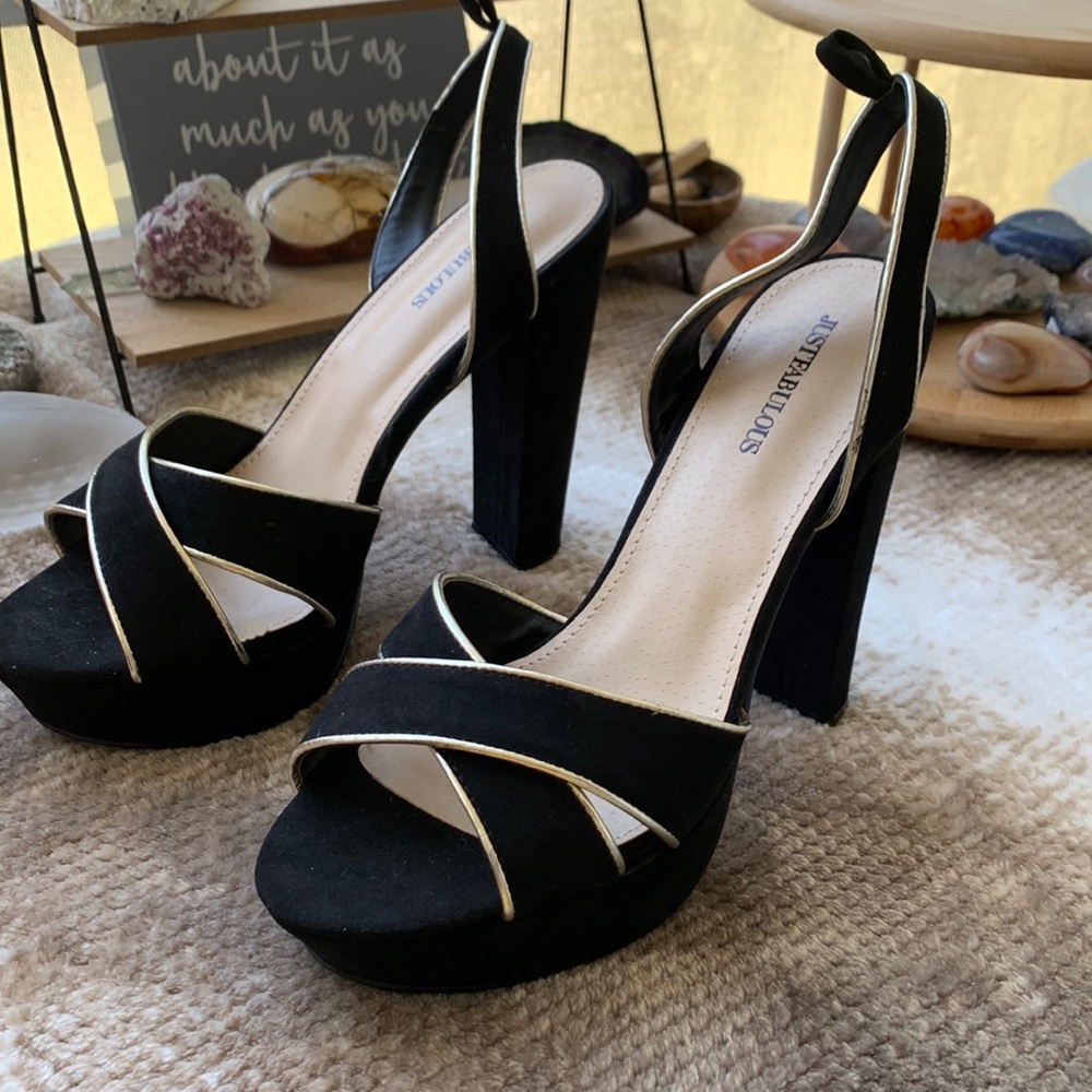 WOMENS Just Fabulous black and gold platform heels